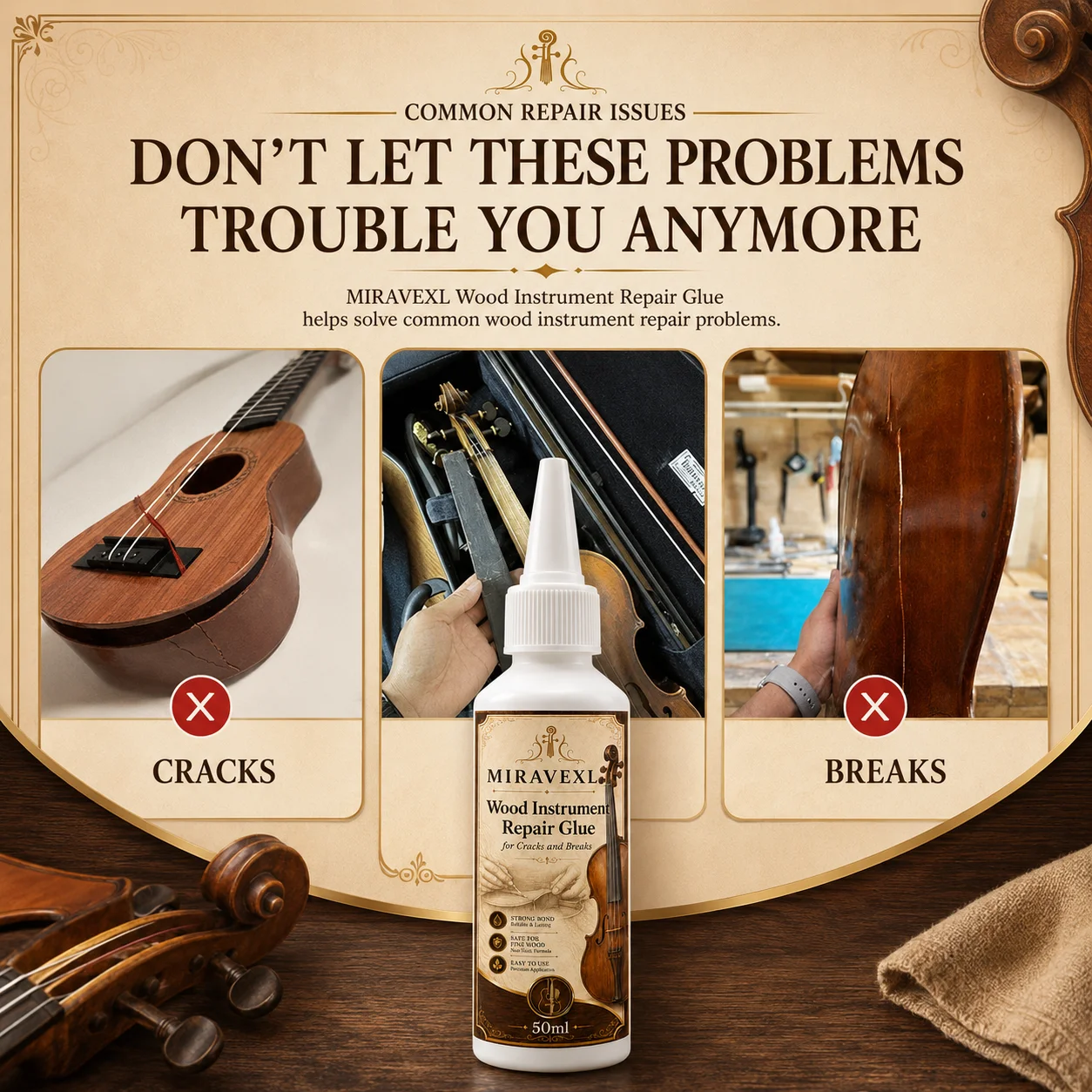 Wood Instrument Repair Glue 50ml Set Flat Brush Detail Brush for Guitar Violin Cello BridgeNeck Crack Fix Adhesive Kit Pack Pro image 4