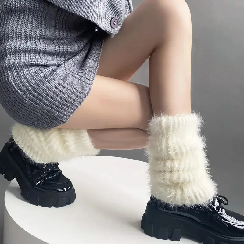 Autumn Winter Leg Warmers Solid Color Beige Black White Plush Yarn Knitted Leg Covers Thick Warm Pile Socks Y2k Socks Ｎew