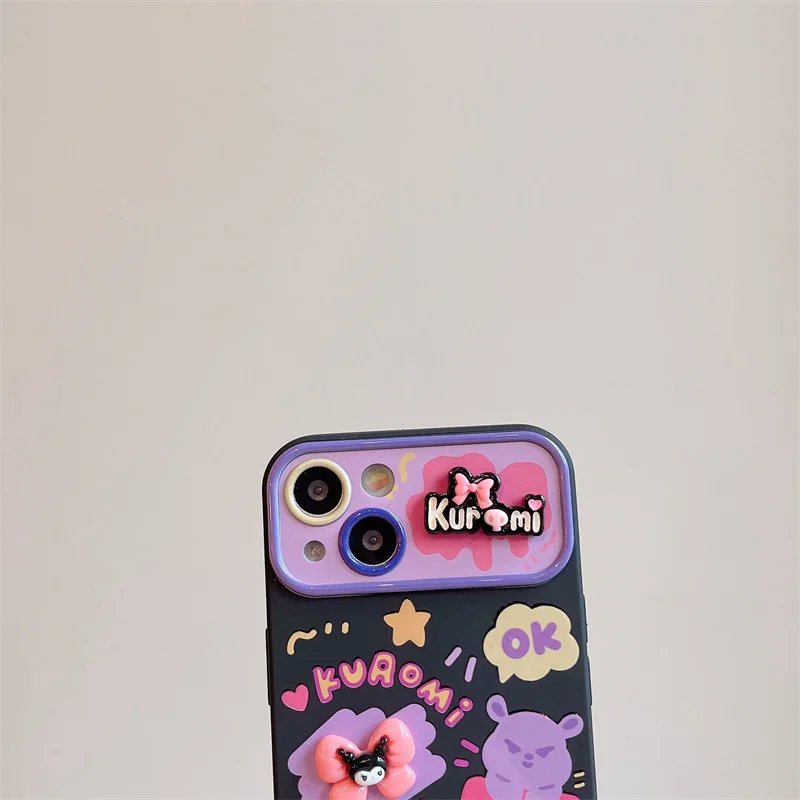 INS Hot Sanrio Purple Kuromi Case For iPhone 15 14 13 12 Pro Max Cute Cartoon Large Window Veneering With Lanyard Phone Cases