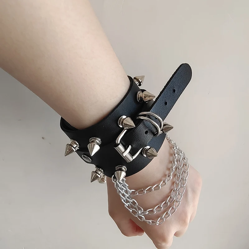 Rivets Bracelet Hot Punk Harajuku little bell wristband black PU Leather bar Goth can be adjusted Jewelry