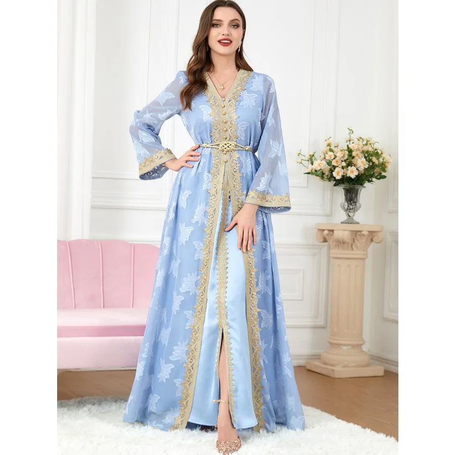 Dubai Women Luxury Abaya 2 Piece Set Ramadan Muslim V Neck Long Sleeved Kaftan Jalabiya Islam Kimono Robe Marocain Party Dresses - Image 3