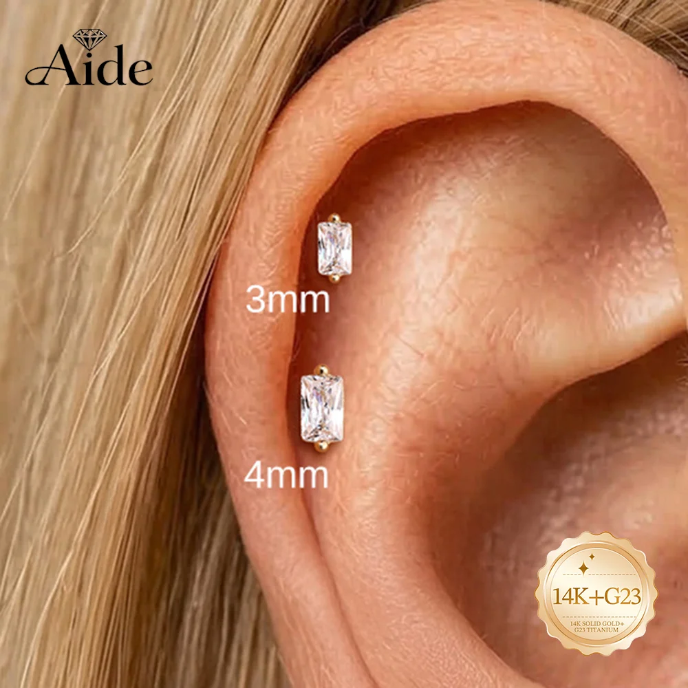 AIDE 14K Solid Gold 3mm/4mm Sparkling Rectangular Zirconia For Women 18G Cartilage Helix Flat Back Piercing Earrings