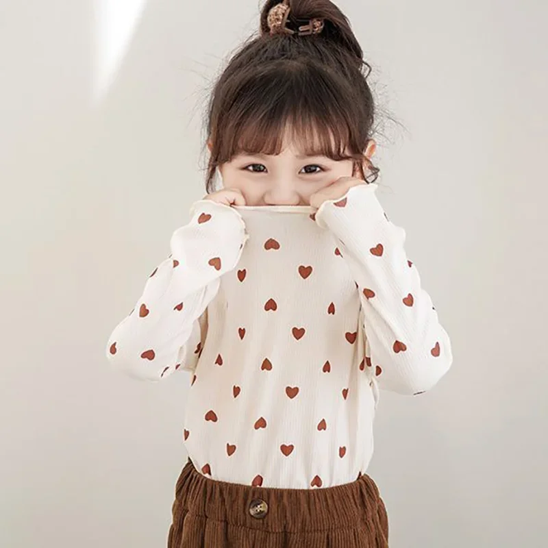 Children Girl 4-9 Years Cotton Half High Collar Heart Print Spring  Autumn Long Sleeve T-shirt