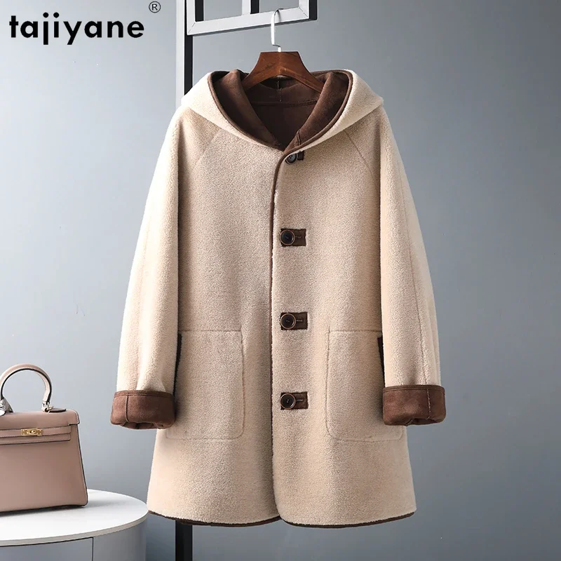 Tajiyane 100% Sheep Shearing Jacket Elegant Wool Coats for Women 2023 Autumn Winter Hooded Mid-length Fur Coat Abrigo Mujer