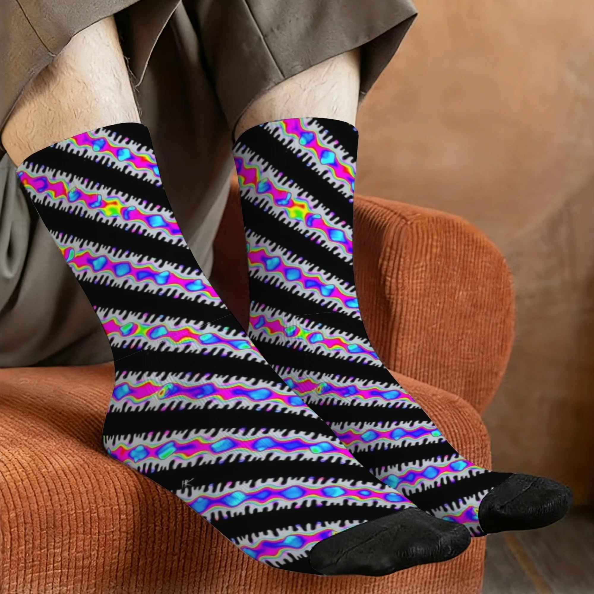 Neon Psychedelic Socks Skin-friendly Elastic Durable Men's Socks Fitness Cycling Casual Street Style Trendy Fashion Crew Socks