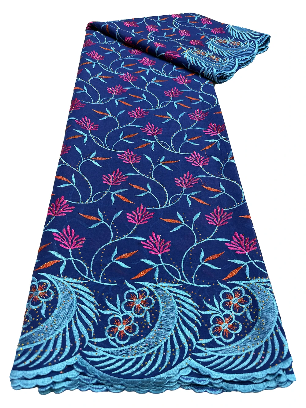 ナイジェリア産コットンレース生地、ストーン刺繍入り花柄スイスボイルレース、ブライダル、イブニングパーティードレス用