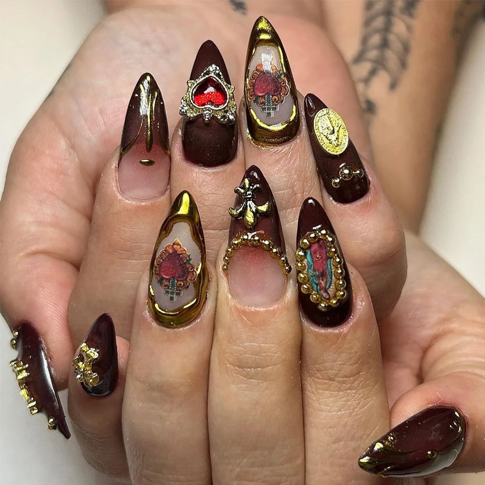 

24pcs Dark Brown Sacred Heart Press-On Nails with 3D Love & Gold Border, Long Almond Shape, Assorted Sizes