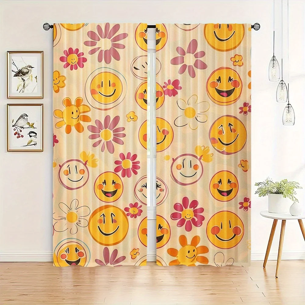 Retro Smiley Face Curtains Vintage Yellow Flower Window Drapes 70s Hippie Decor Blackout Fabric for Kids Room Living RoomBedroom