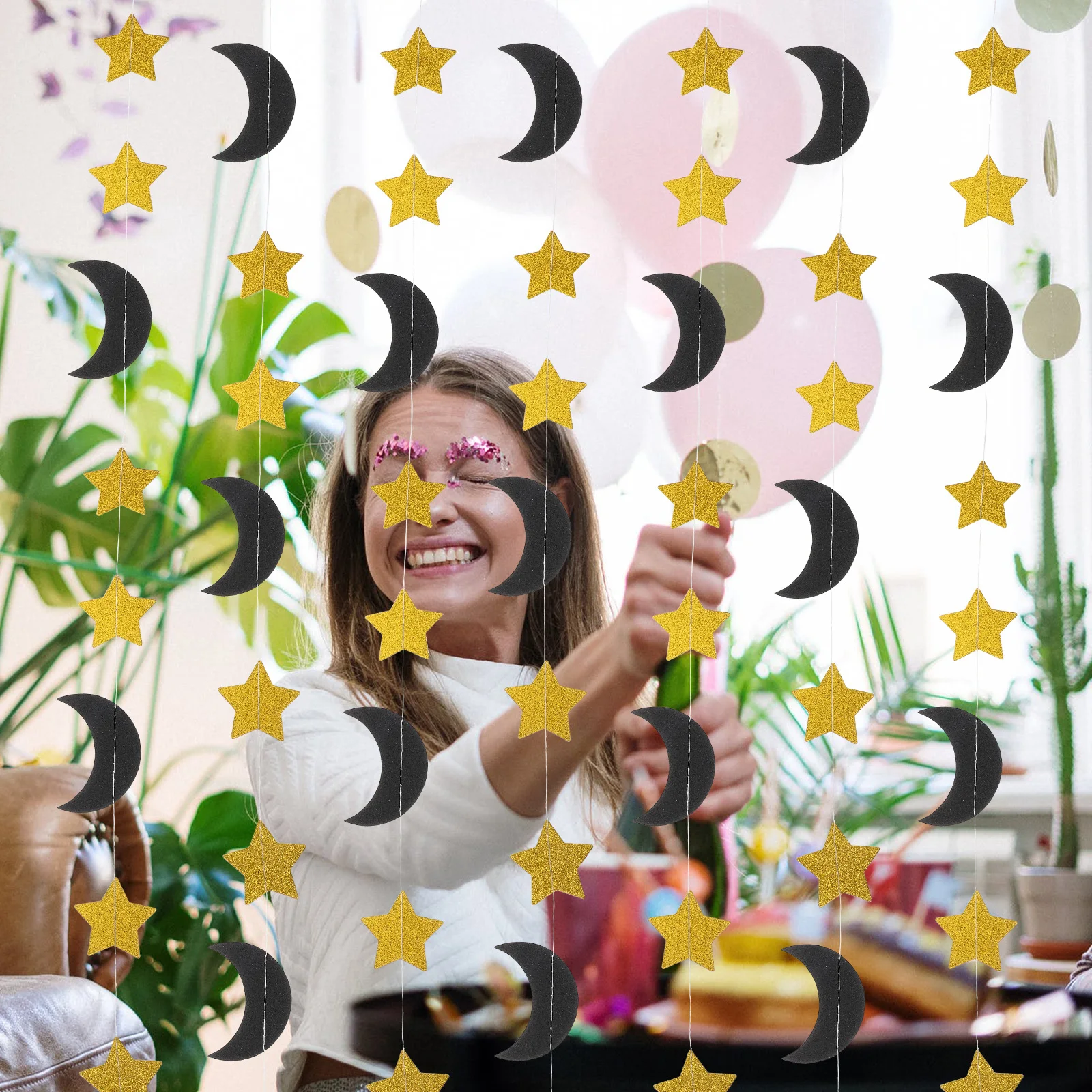 

2 pcs Stars Moons Hanging Decorations For Party Wedding Birthday Christmas Gold Star Cutout Moon Ornament Hangers String New