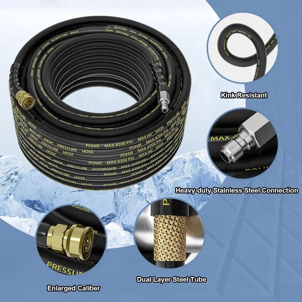 Pressure Washer Hose 50 ft with 3/8 Inch Quick Connect, Kink Resistant High Tensile Wire Braided,with 2 pcs M22 14mm Adapt