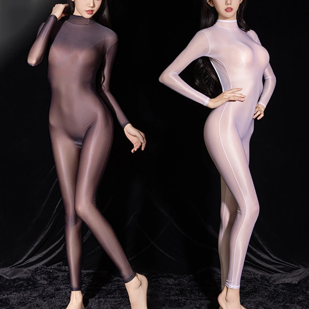 Women Sexy Tights Bodystocking Oil Shiny See-Through High Elastic Jumpsuit Ultra-Thin Backless Transparent Night Club Wear