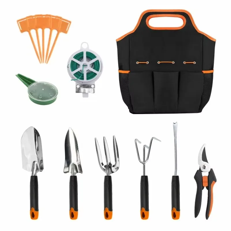 

STLF 10pcs High Quality Stainless Steel Blade Hand Pruner Trowel Fork Cultivator Weeder Garden Set Tools With Bag