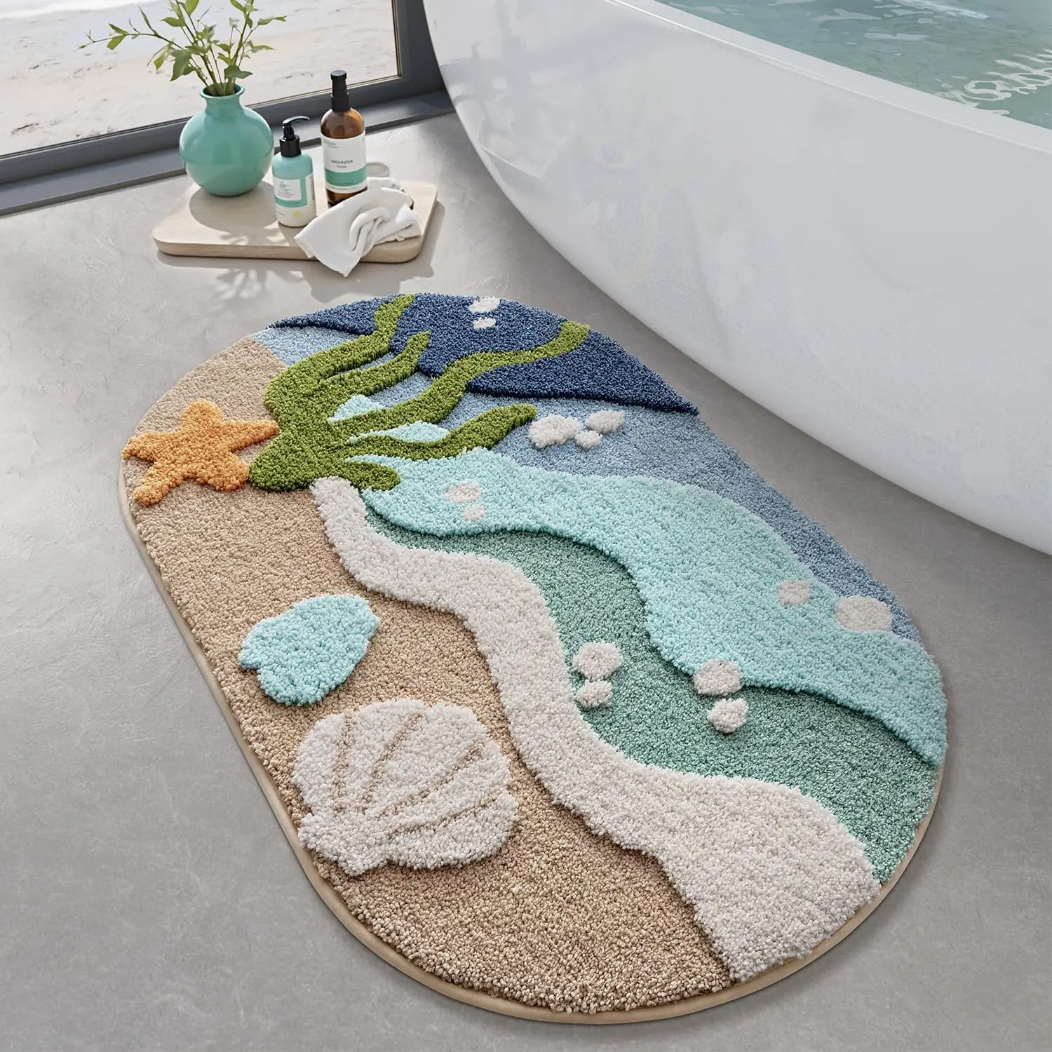 

Beach Bathroom Rugs, Non Slip Bath Mat Ultra Soft Washable Absorbent Quick Dry, Ocean Sea Theme Bath Rug with Starfish
