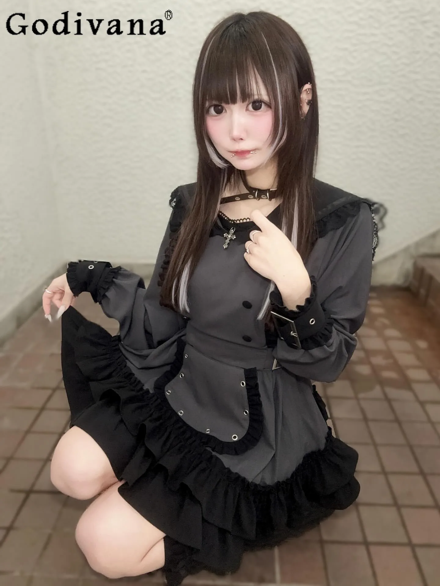 

Комплект в стиле Y2K: японское оригинальное платье Dark Lolita с длинными рукавами, кружевным темно-синим воротником, юбка-платье горничной и брюки