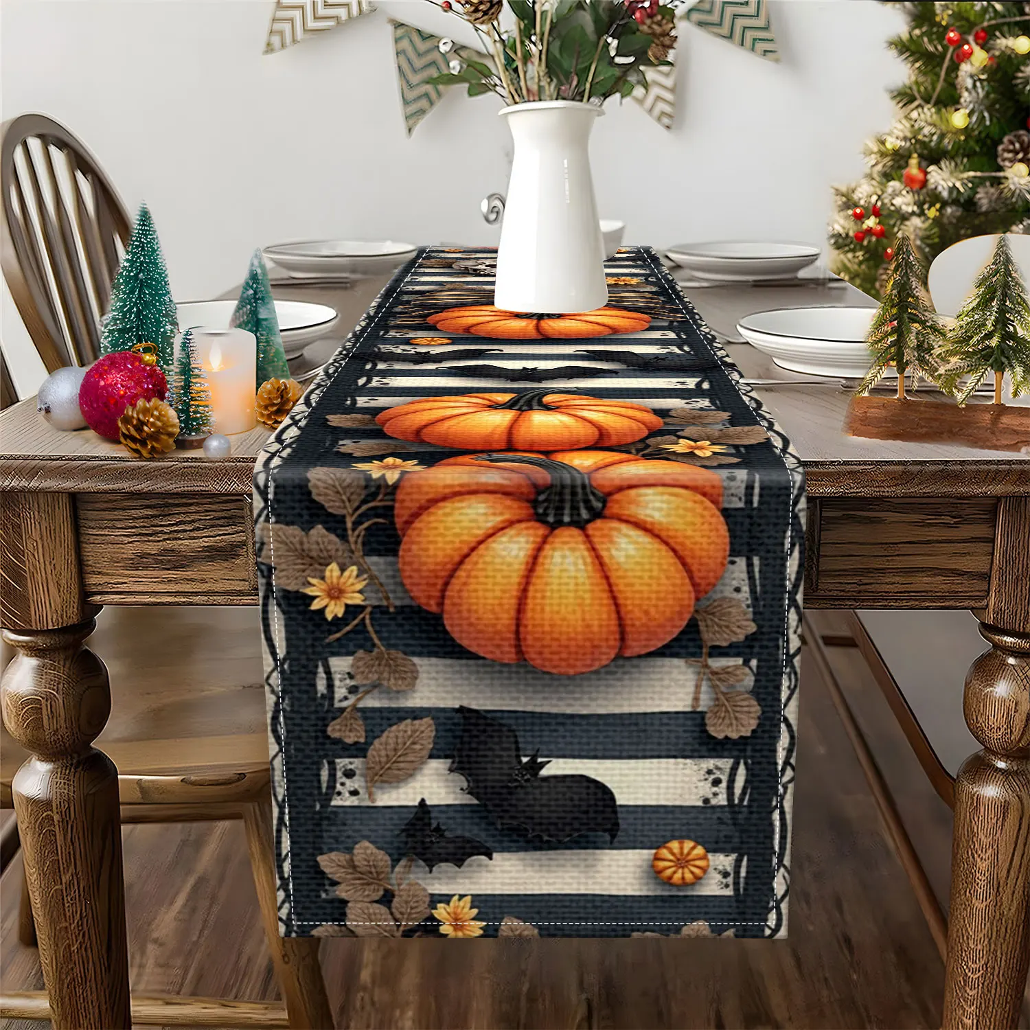 1 Piece Halloween Dark-Themed Table Runner, Featuring Leaf, Pumpkin, Skull, Bat, and Floral Patterns, Suitable for Halloween Parties and Dark Decorations