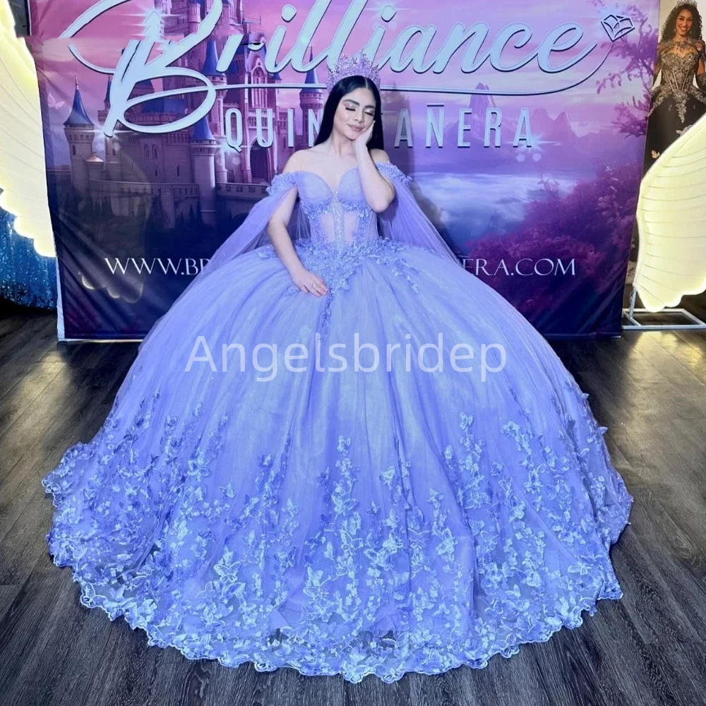 Angelsbridep ที่กําหนดเองลาเวนเดอร์ Ball ชุด Quinceanera Cape Appliques ประดับด้วยลูกปัดพรหมชุดผู้หญิง Vestidos De Festa