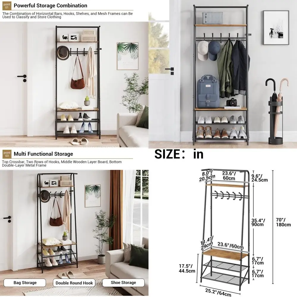 

4-in-1 Entryway Bench with 6 Hooks & 3-Tier Shoe Storage, Metal Coat Rack for Hallways and Entryways