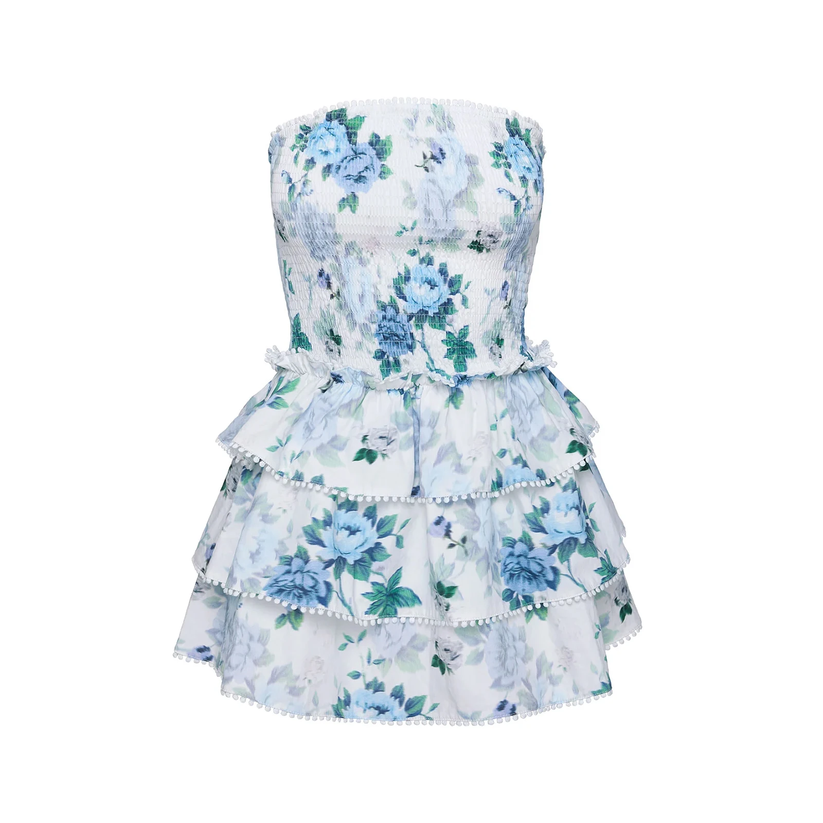 Combhasaki ผู้หญิงพู่ Trim Smocked Strapless Backless ดอกไม้พิมพ์ Ruffle Layered SLIM FIT ฤดูร้อน A-Line ชุด Clubwear