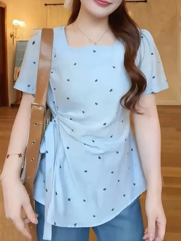 

plus Size Women's Polka Dot Bow Tie Square Collar Chiffon Shirt Summer Beautiful Top Korean Style Commute Wind Waist Cinched