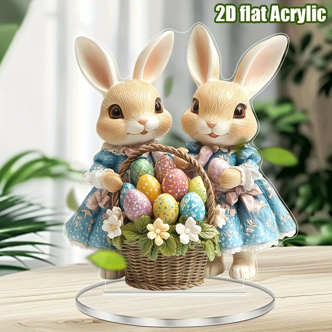 2D Traditional Easter Bunny Egg Acrylic Desktop Decor Cartoon Style Home Office Holiday Party Gathering Decoration Item