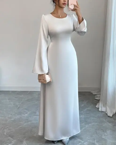 가을 캐주얼 우아한 텍스처 고급스러운 새틴 드레스, 여성용 기품 있는 슬림핏 레이스업 허리 A라인 긴 소매 드레스