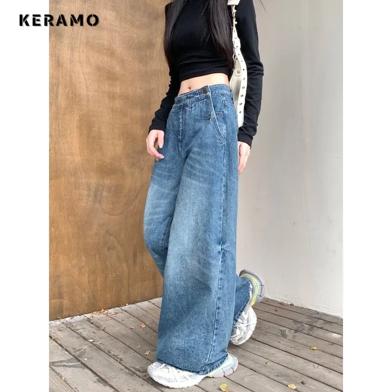 Celana panjang Denim wanita, celana Denim Harajuku kasual Retro pinggang tinggi longgar, celana tambal sulam biru 2024 Musim Panas 2000