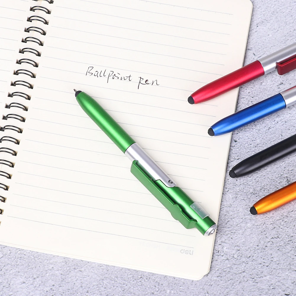 4 In 1 Night Read Writing Pencil with LED Flashlight Folding Phone Holder Black Ink Pen Touch Ballpoint Pen for Tablet Cellphone