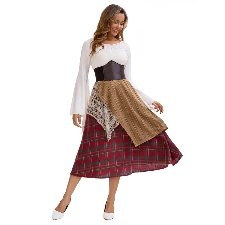 Retro Artistic Irregular Plaid Long Skirt loween Performance Women's Costume Asymmetrical Design Split f-length Skirt