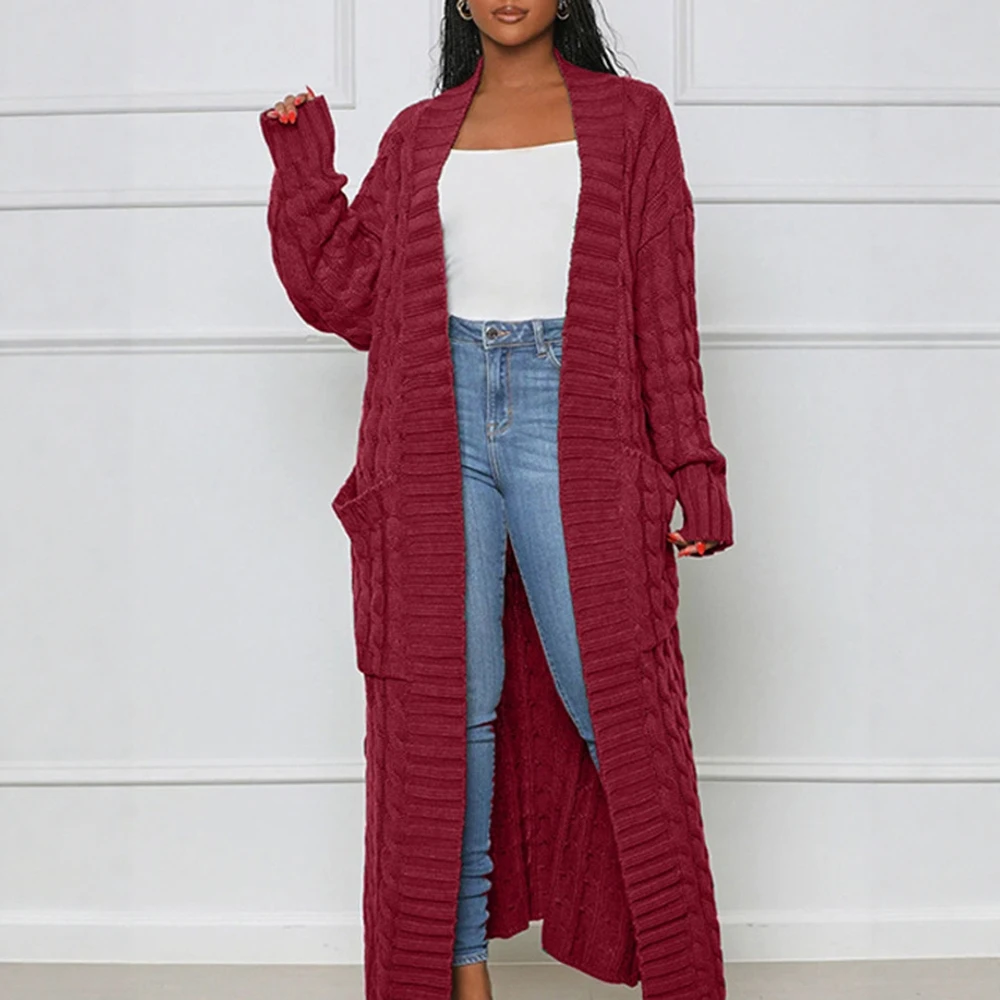 سترة طويلة المرأة سترة الخريف محبوك الشتاء الكروشيه فضفاضة طويلة الأكمام الربيع سترة دافئة البلوز السببية بالأزرار