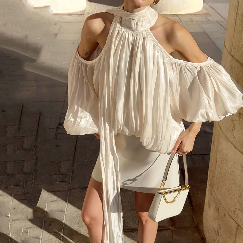 

Linad Elegant Apricot Off The Shoulder Woman Blouses Autumn Vintage Lantern Sleeve Scarf Collar Shirts 2025 Casual Fold Tops