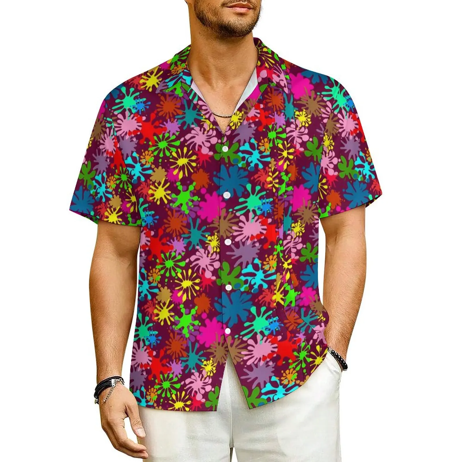 

Cute Paint Splatter Casual Shirt Colorful Print Novelty Hawaiian Shirts Man Short Sleeve Vacation Streetwear Plus Size Blouses