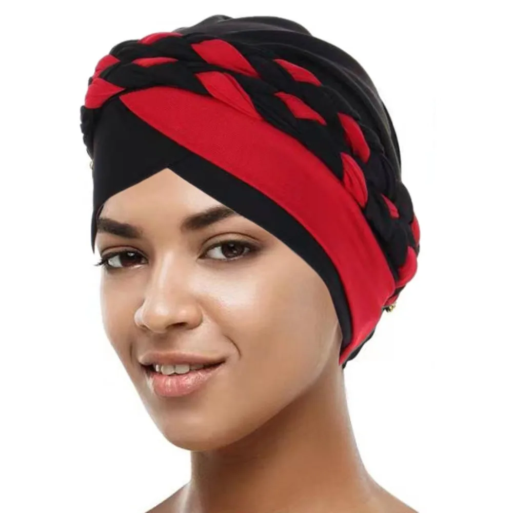 Polyester Two-tone Turban Hat Fashion Beanie Pullover Cap Muslim Headscarf Cap Turban Hats Chemo Caps Women