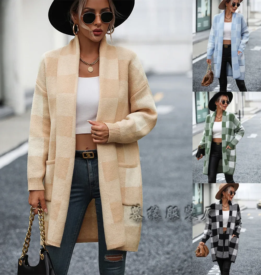 

Women Mid Length Cardigan Sweaters Plaid Print Coats Full Sleeve Warm Elegant Splice Coat Autumn Winter Jumpers Open Stitch