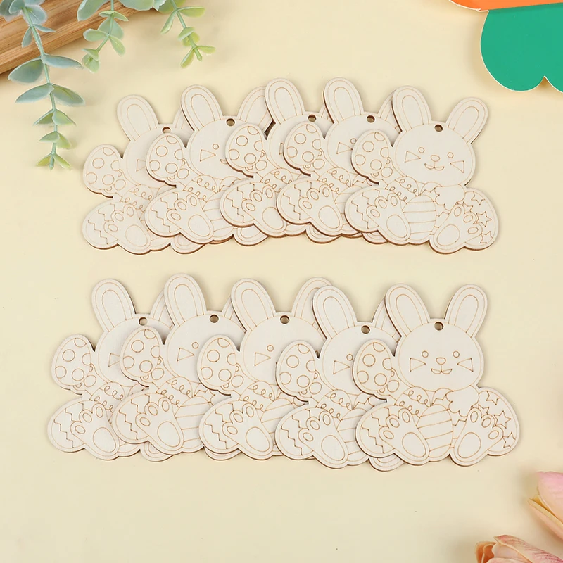 10Pcs Wooden Easter Rabbit Craft Kids DIY Painting Gift Bunny Egg Hanging Ornament Happy Easter Home Party Decoration Supplies