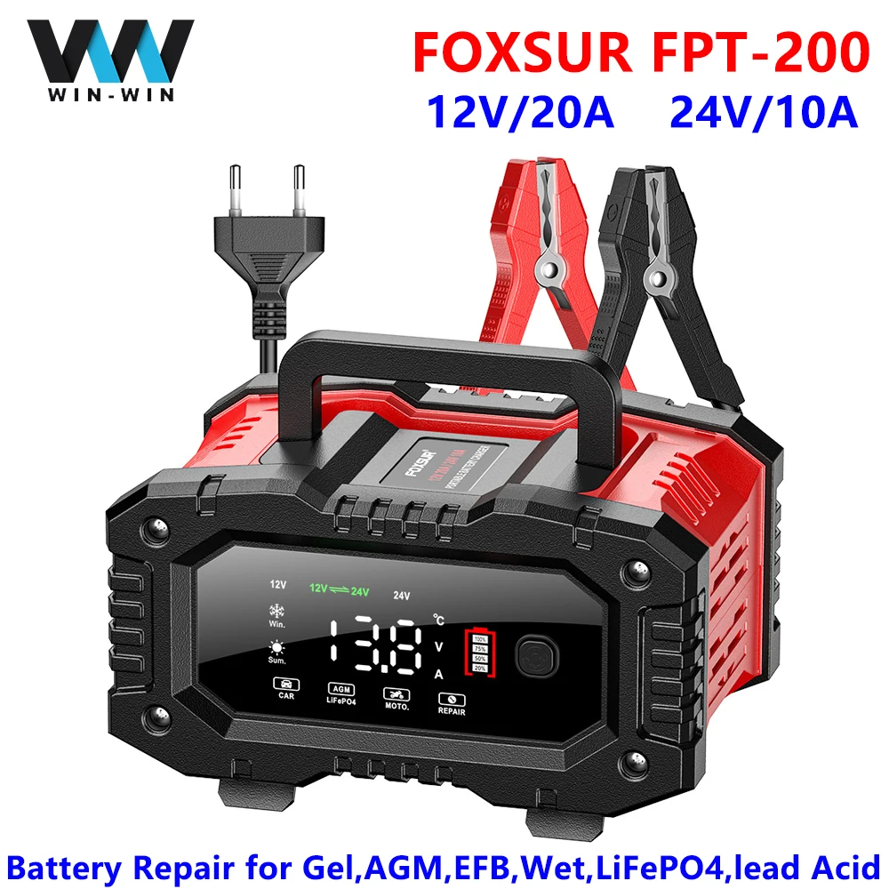 Battery Charger 12V/20A 24V/10A Automatic Smart Charger Battery Maintainer AGM Lead Acid Car Motorcycle Charger LCD Display