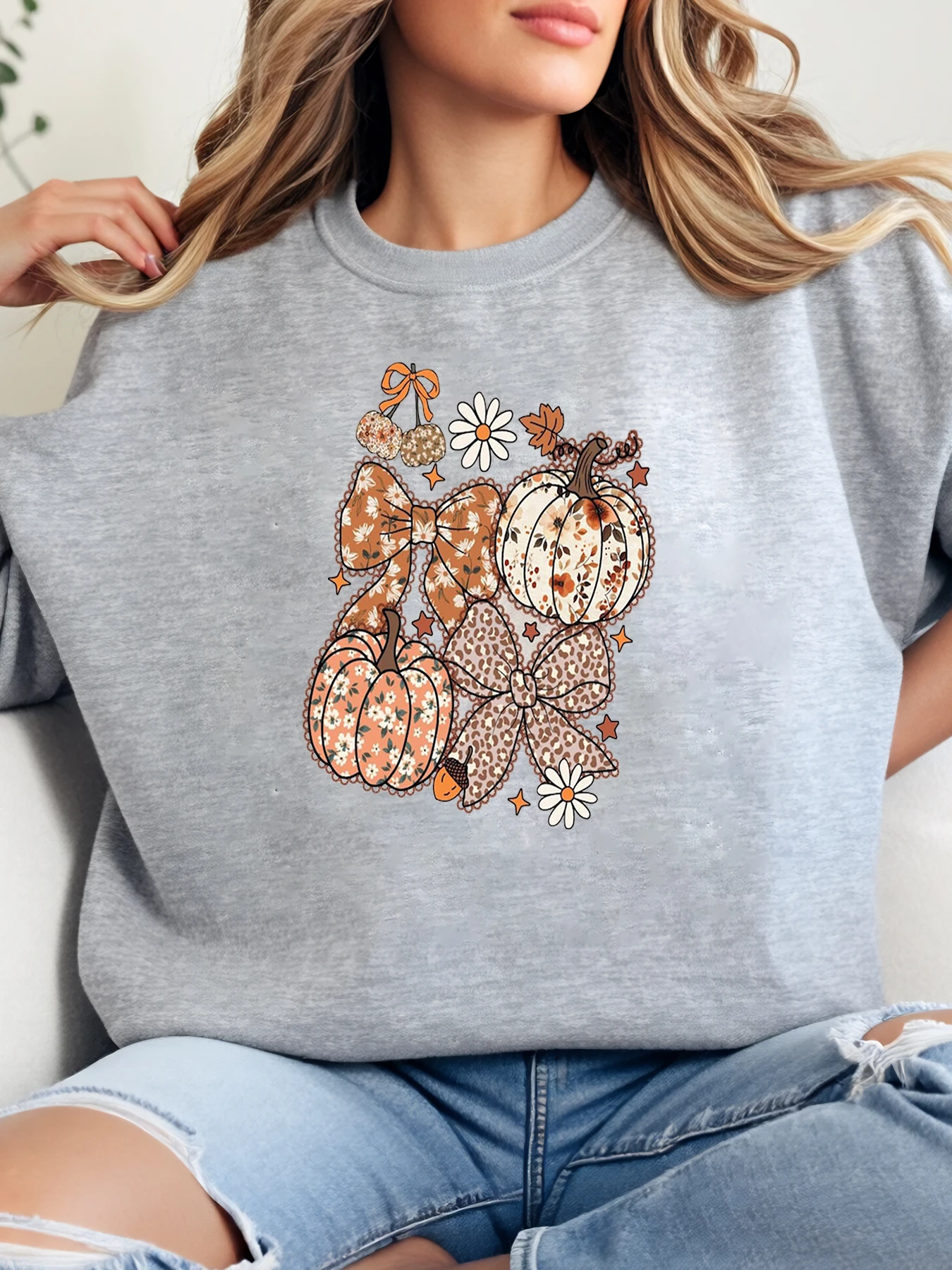 

Осенне-осенний свитшот с тыквенным бантом и цветочным принтом, женская повседневная повседневная одежда, серый, больших размеров