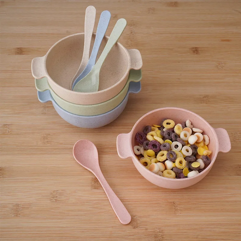 Children's Wheat Bowl Spoon Set With Ears Nordic Wheat Straw Tableware Baby Oat Bowl With Spoon Set