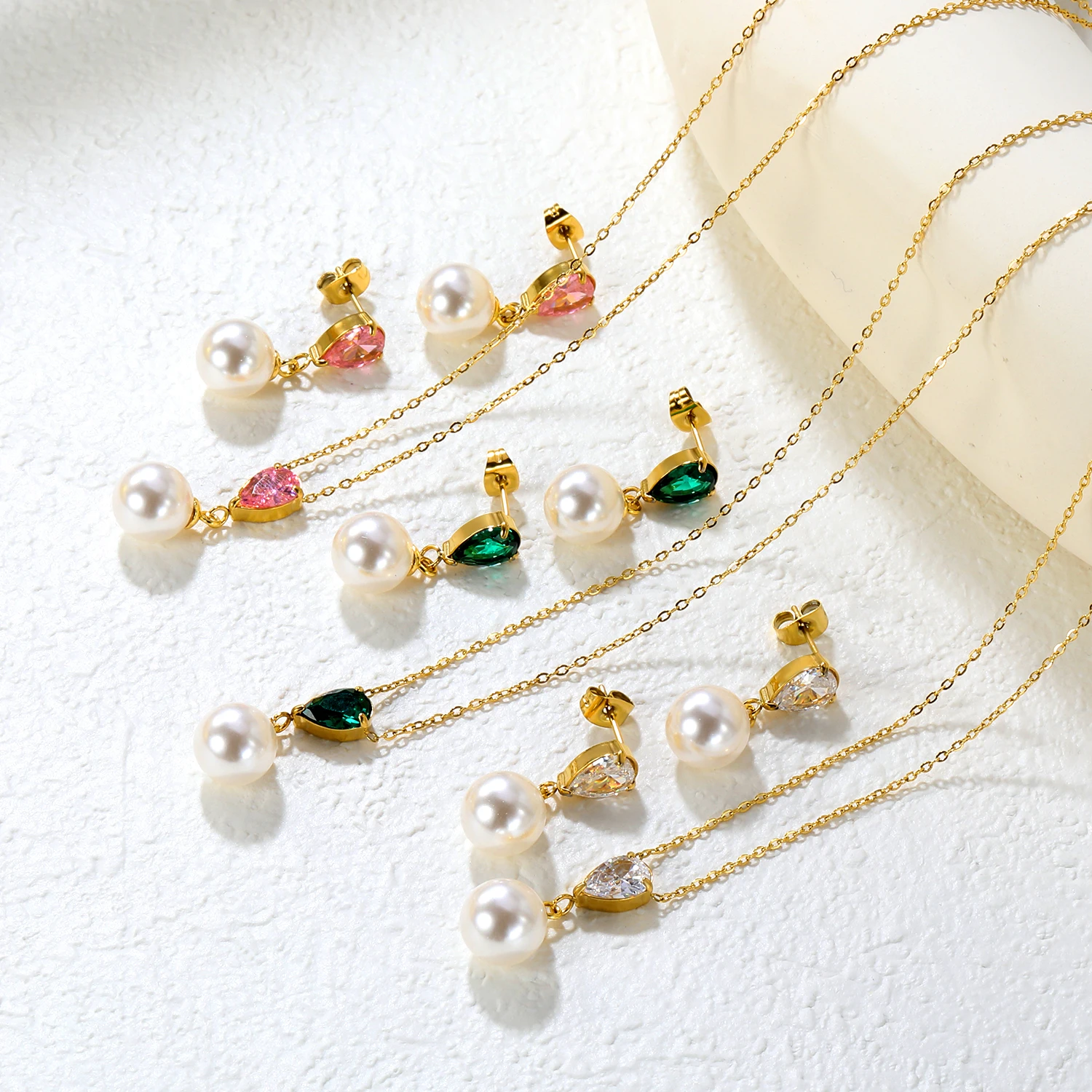 Ensemble de colliers et boucles d'oreilles en acier inoxydable pour femmes, imitation perles, délicats, avec zircone scintillante, bijoux étanches pour anniversaire