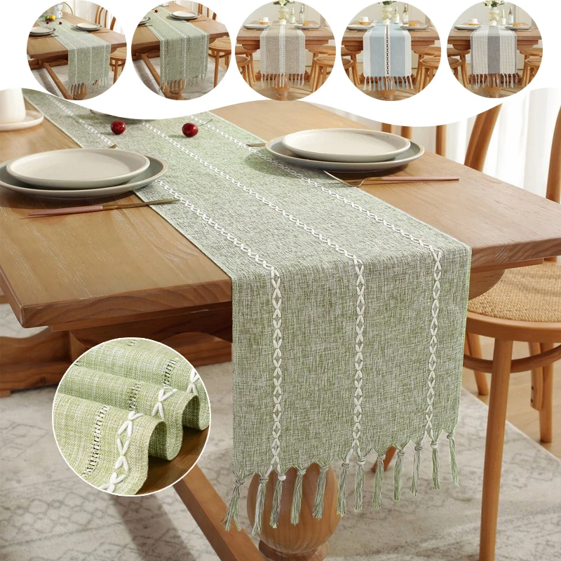 

Green Table Runners Boho Rustic Tassels Farmhouse Braided Striped Cotton Linen for Dining Party Holiday Wedding Table Decoration