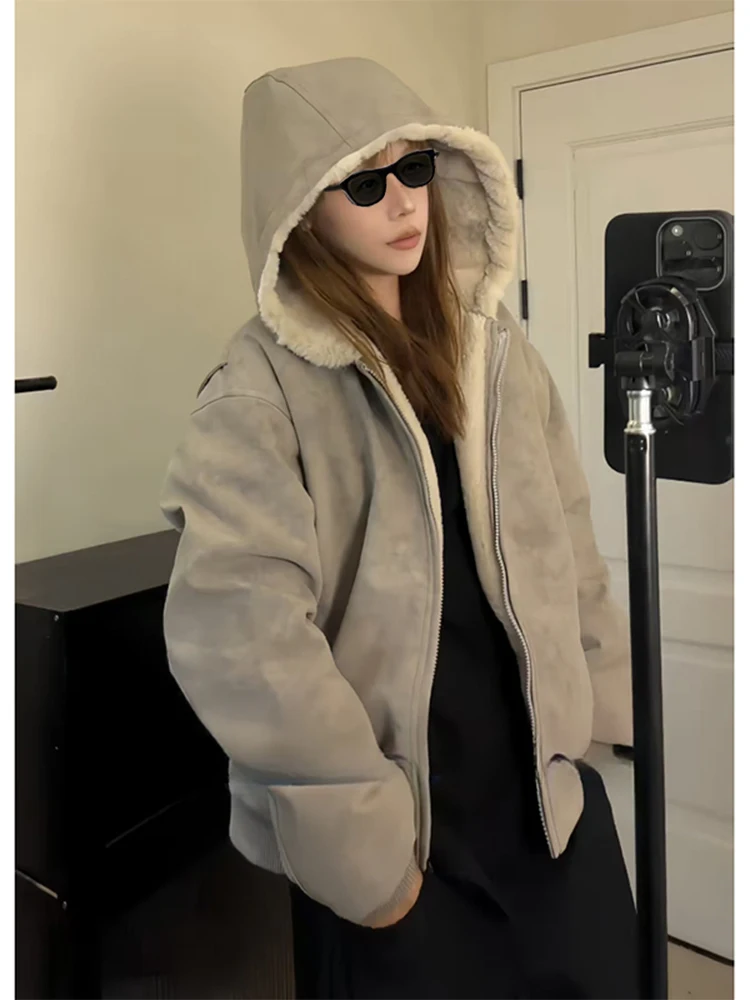 

ay PU Leather Cotton Jaet Men's Sle Autumn Winter Faux Rabbit Fur Lined Hooded Coat Warmth Lazy Sle Outerwear