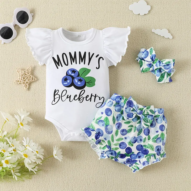 0-12M Baby Girl\'s Alphabet Print Flying Sleeve Clothes with Sunflower Bee Blueberry Shorts Three-piece Suit for Summer Wear