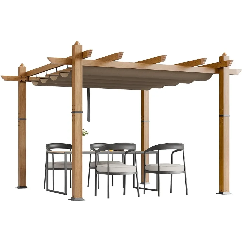 

10x10 Ft Retractable Outdoor Pergola with Canopy, Upgraded Wood-Grain Aluminum Pergola, Modern Pavilion for Backyard, Patio