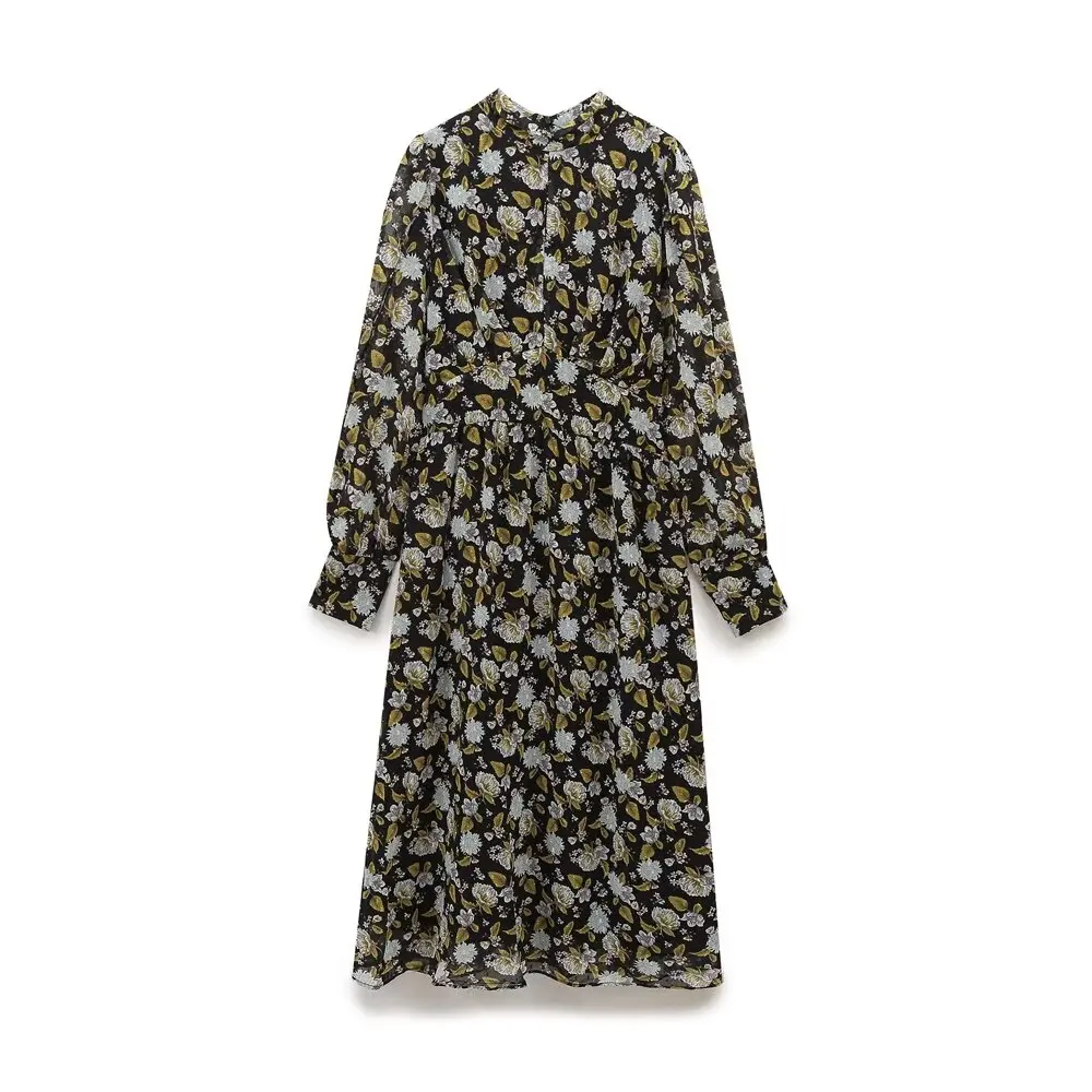 

TRAFZA Female Spring Loose Pleated Printing Decorate Dress Button O-Neck Long Sleeves Women's Back Zipper Chic Midi Dress Mujer