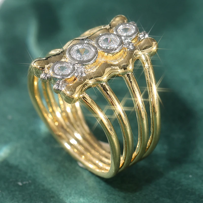 Vintage Zweifarbig Eingelegter Weißer CZ Damenring Geometrisch Ausgehöhlt Tägliches Tragen Party-Schmuck – Detail 4