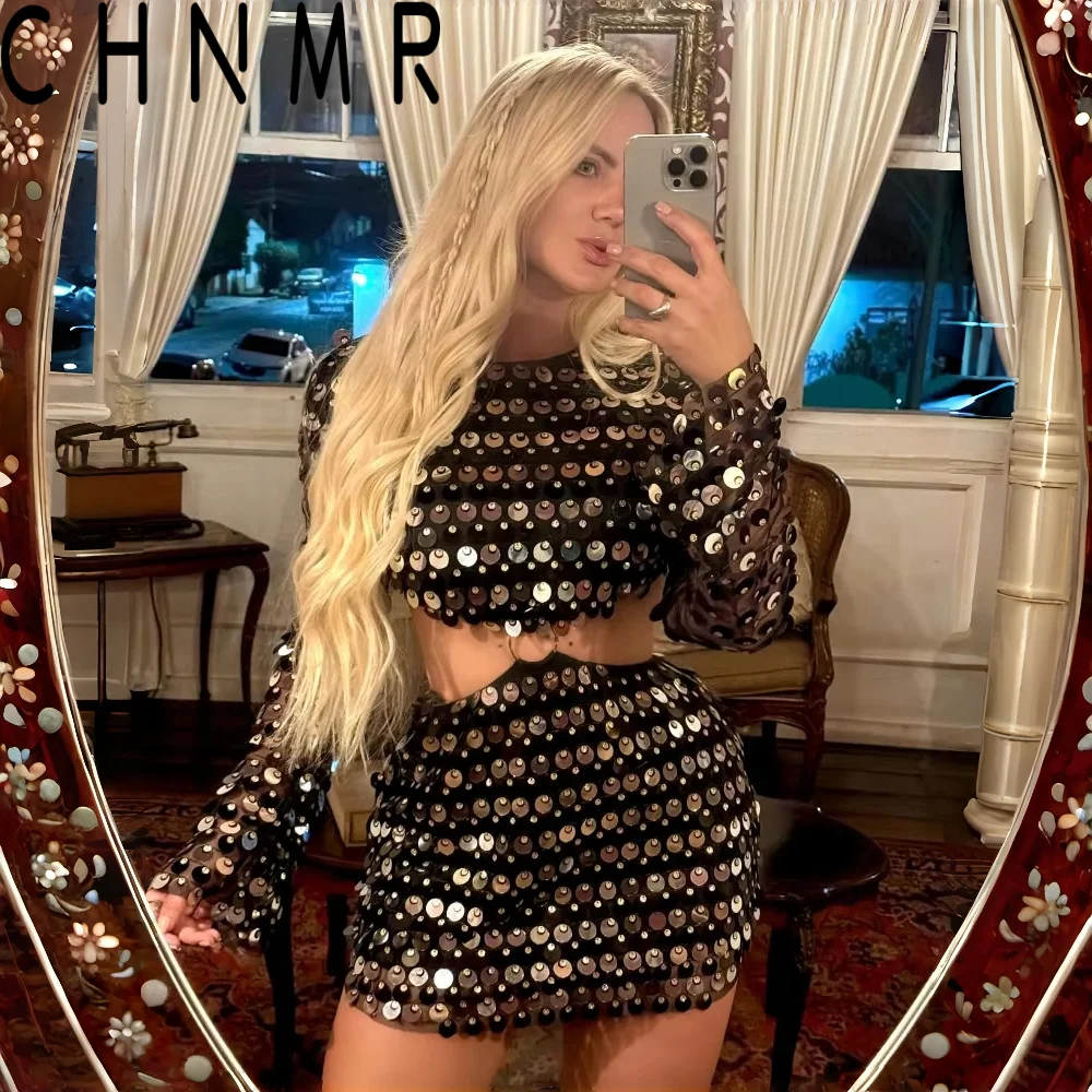 CHNMR Abiti sexy con paillettes lucide da donna, mini abito slim con maniche glitterate e scollo, abiti scintillanti per feste in discoteca, stile High Street