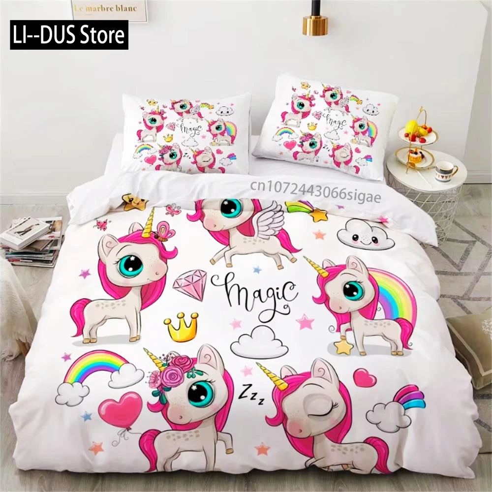 

Children Bedding Sets Gifts Unicorn And Colorful Horse Printing Duvet Cover Sets For Kids Girls Boys 2/3 Pcs Single Pink Quilts