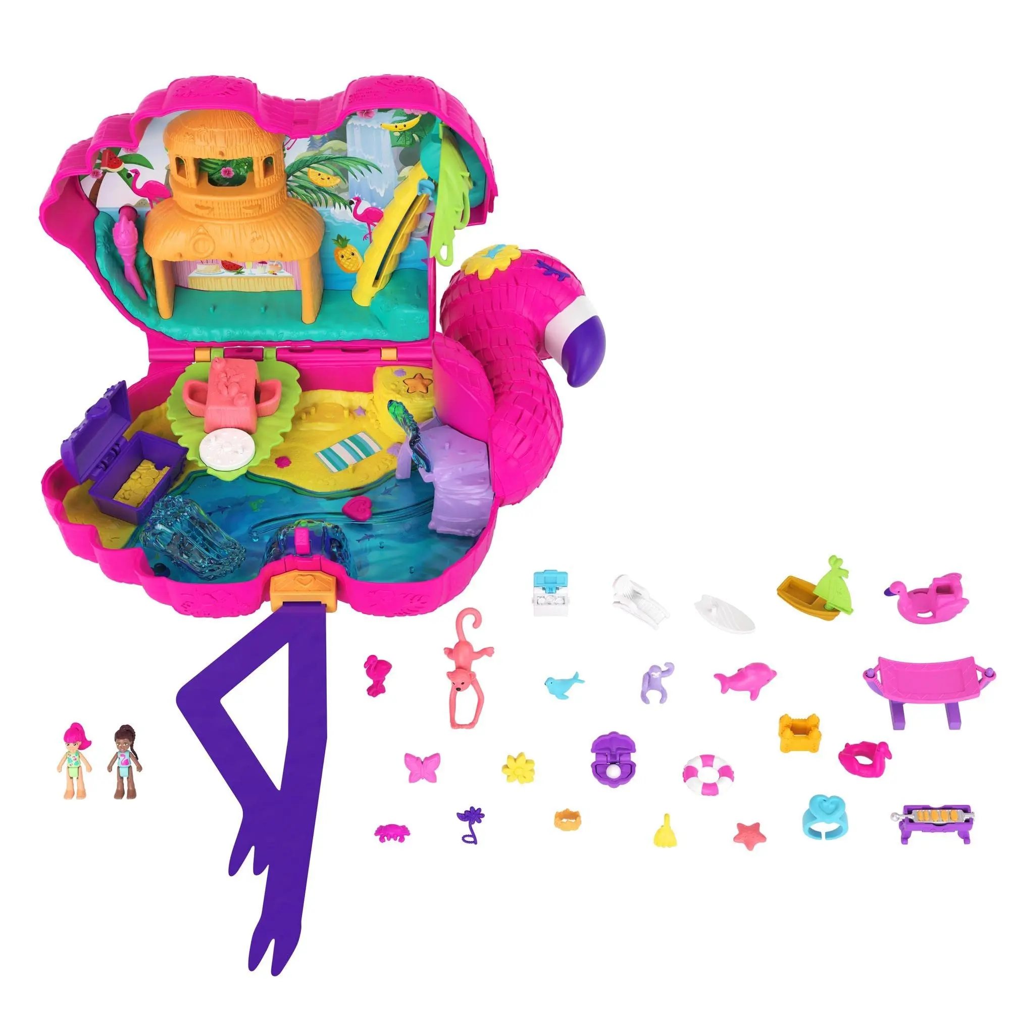 

Polly Pocket HGC41 Flamingo Party Play Set with 26 Surprises Palm Slide Swing Banquet Water Area and More Toy Gift for Children