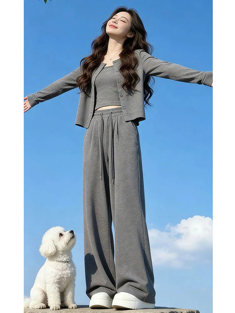 

Elegant Spring Set Women's Gentle Style Simple Strap Cardigan Ladies Casual Wide Leg Pants Outfit Breathable Comfortable