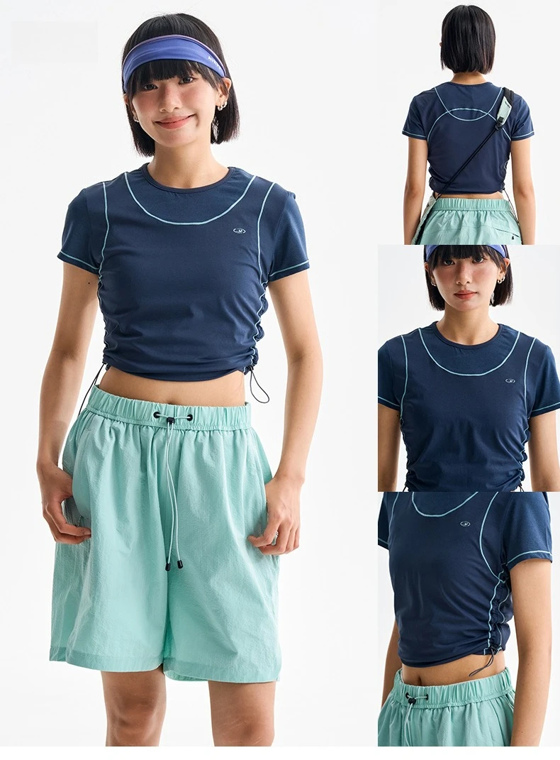 Schnell trocknendes, schmal geschnittenes Crop-Top für Damen – atmungsaktives Sport-T-Shirt mit Kontrastnähten für Fitness und Laufen – Detail 9