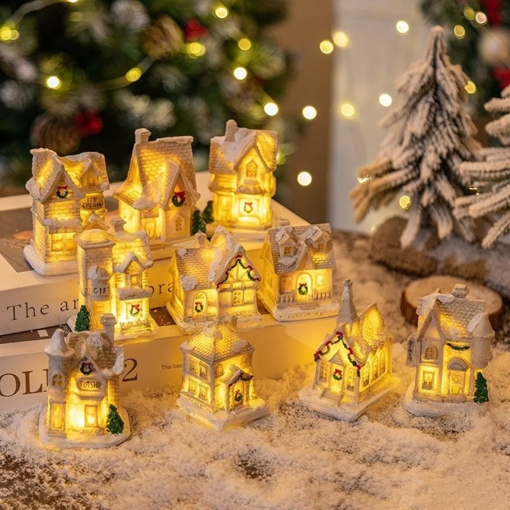 Resin Christmas House Ornament LED Light Battery Powered Light Up Village House Cartoon Mini Snow House Figurine